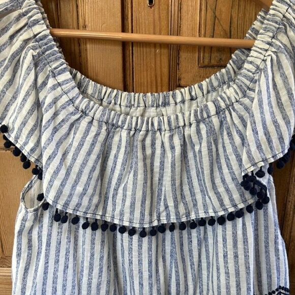 Joy Joy Large White Blue Striped‎ Blouse Off The Shoulder Embrodiered - Picture 2 of 12